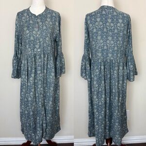 Zuba Vintage‎ Blue Floral Button Down Short Sleeve Silk Blend Midi Dress